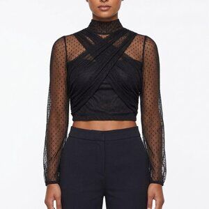 Evolutionary Black Sheer Polka Dot Mesh Mock Neck Cross Front Crop Top Size S